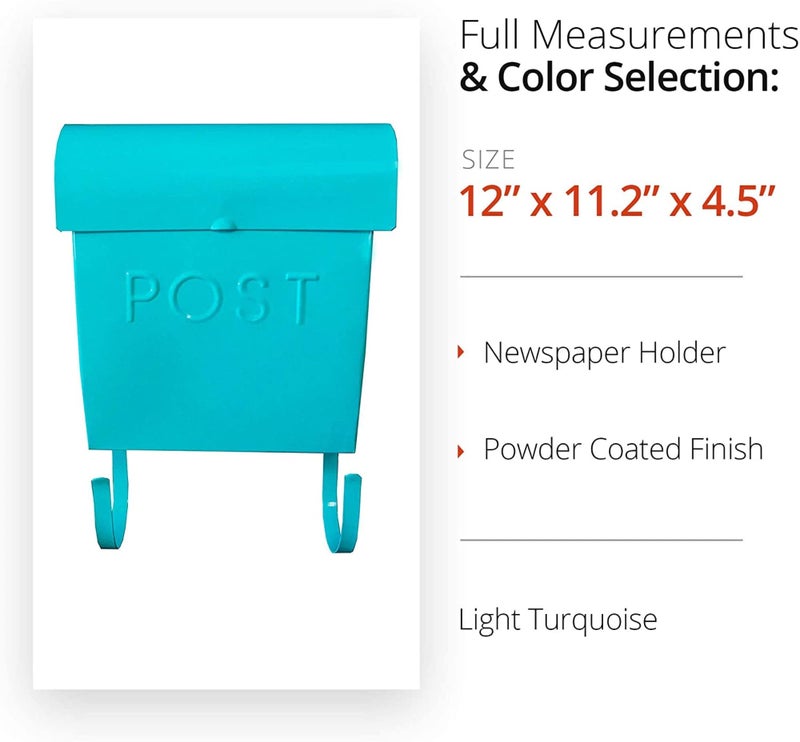 NACH Mailboxes for Outside Wall Mount, 12 x 11.2 x 4.5 inch, Light Turquoise Wall Mounted Mailbox, Waterproof Mailbox with Outdoor Newspaper Holder - The Euro Mailbox - Image 2